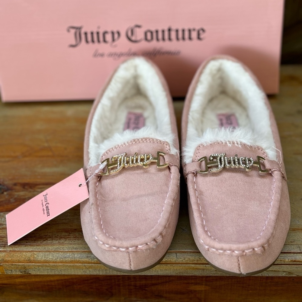 New Juicy Couture Intoit Blush Pink Micro Suede Faux Fur Lined Loafers & Box 6M
